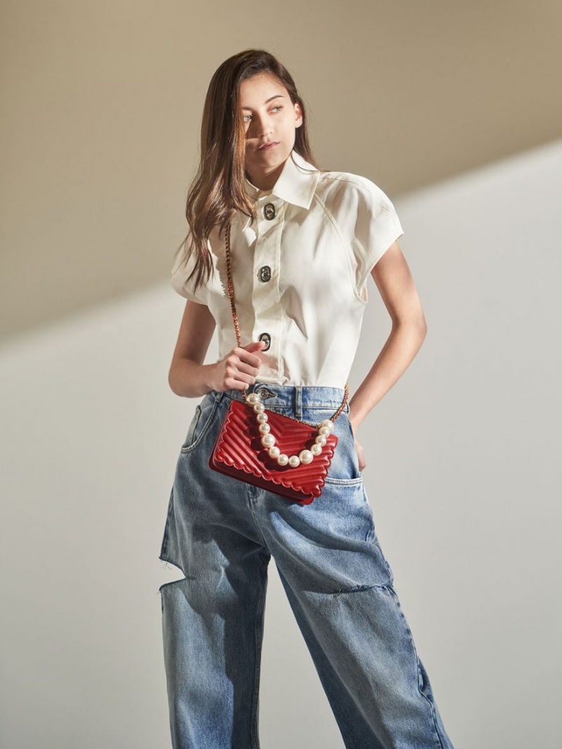τσάντεσ χιαστί Charles And Keith Beaded Handle κοκκινα | 48236-LZFW