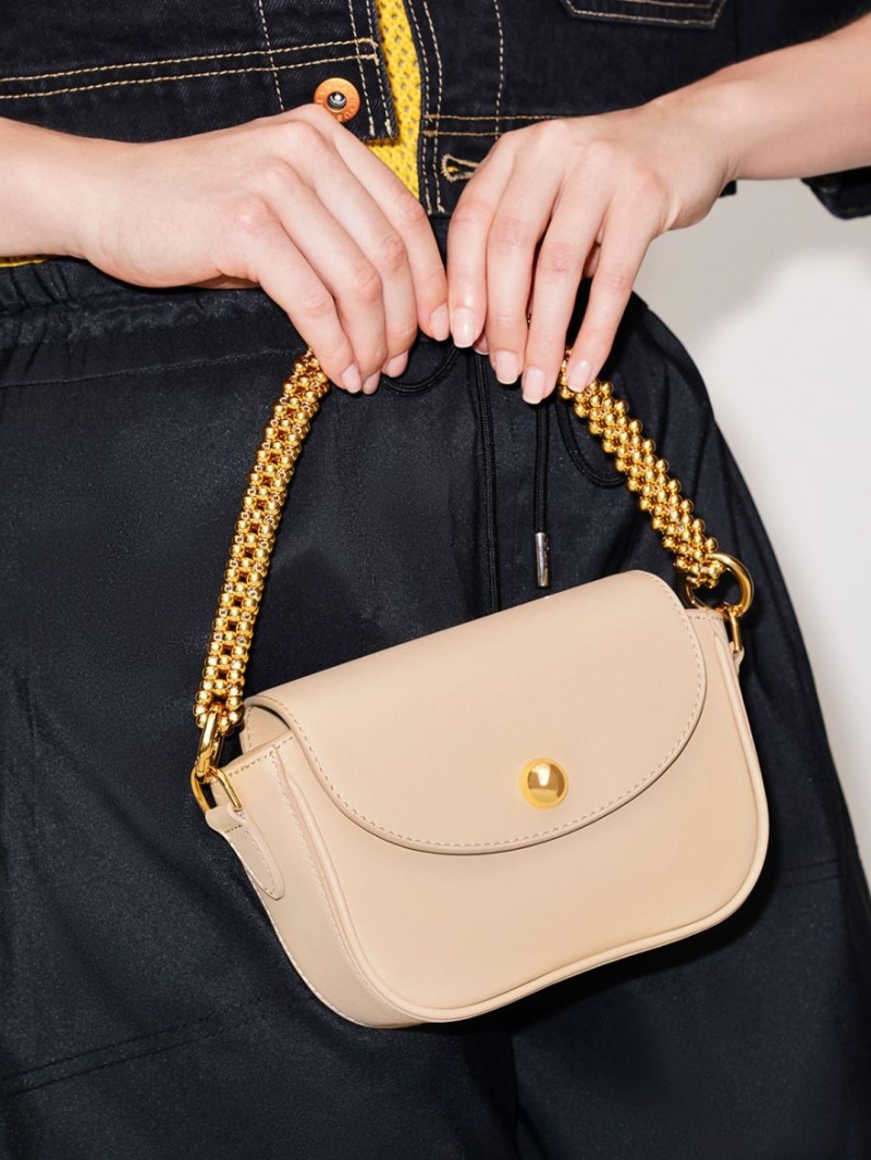 τσάντεσ ώμου Charles And Keith Beaded Metallic Handle Sculptural Μπεζ | 78143-VZTI
