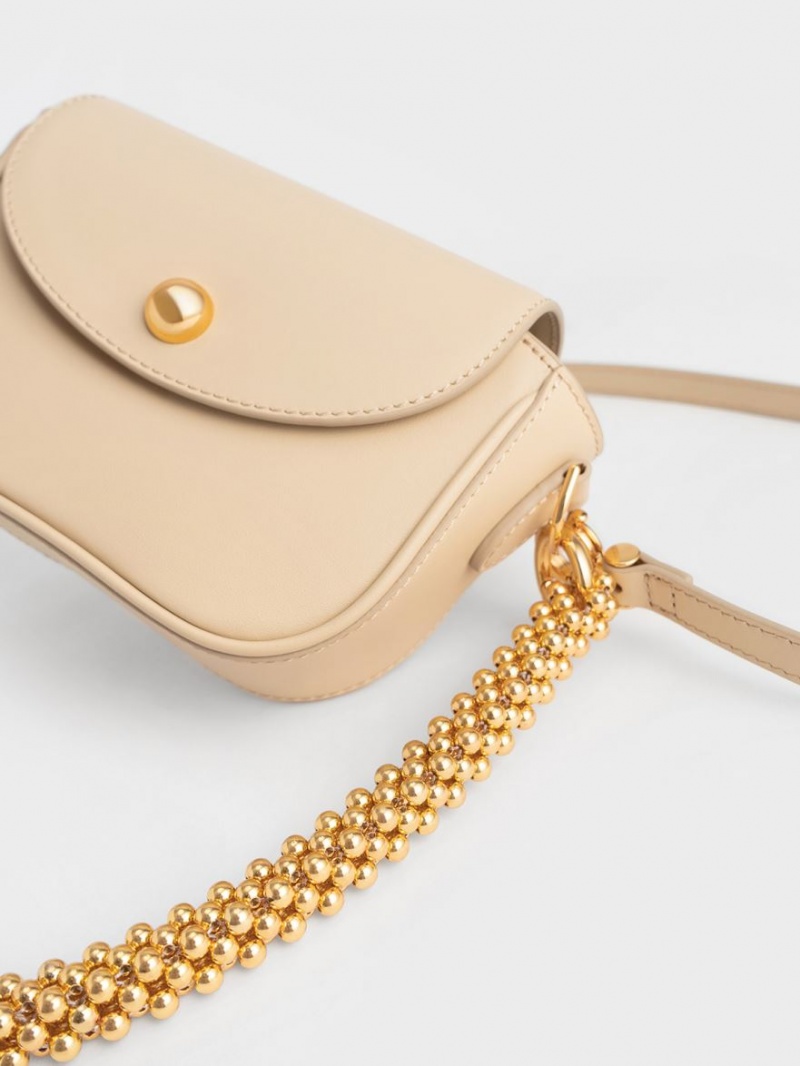 τσάντεσ ώμου Charles And Keith Beaded Metallic Handle Sculptural Μπεζ | 78143-VZTI