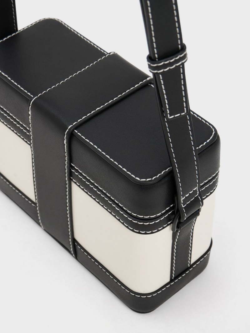 τσάντεσ χιαστί Charles And Keith Bronte Contrast-Trim Boxy μαυρα ασπρα | 70915-LQWY