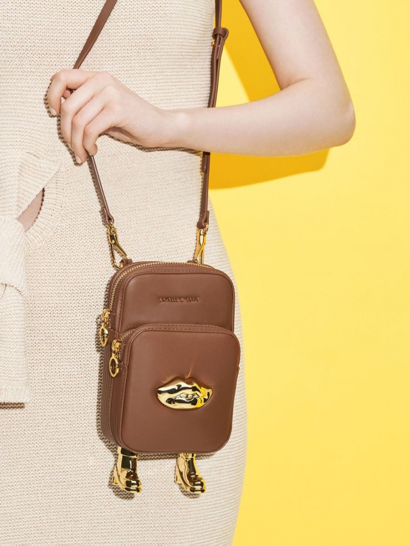 τσάντεσ χιαστί Charles And Keith Calliope Double Pocket καφε | 59021-LMNY