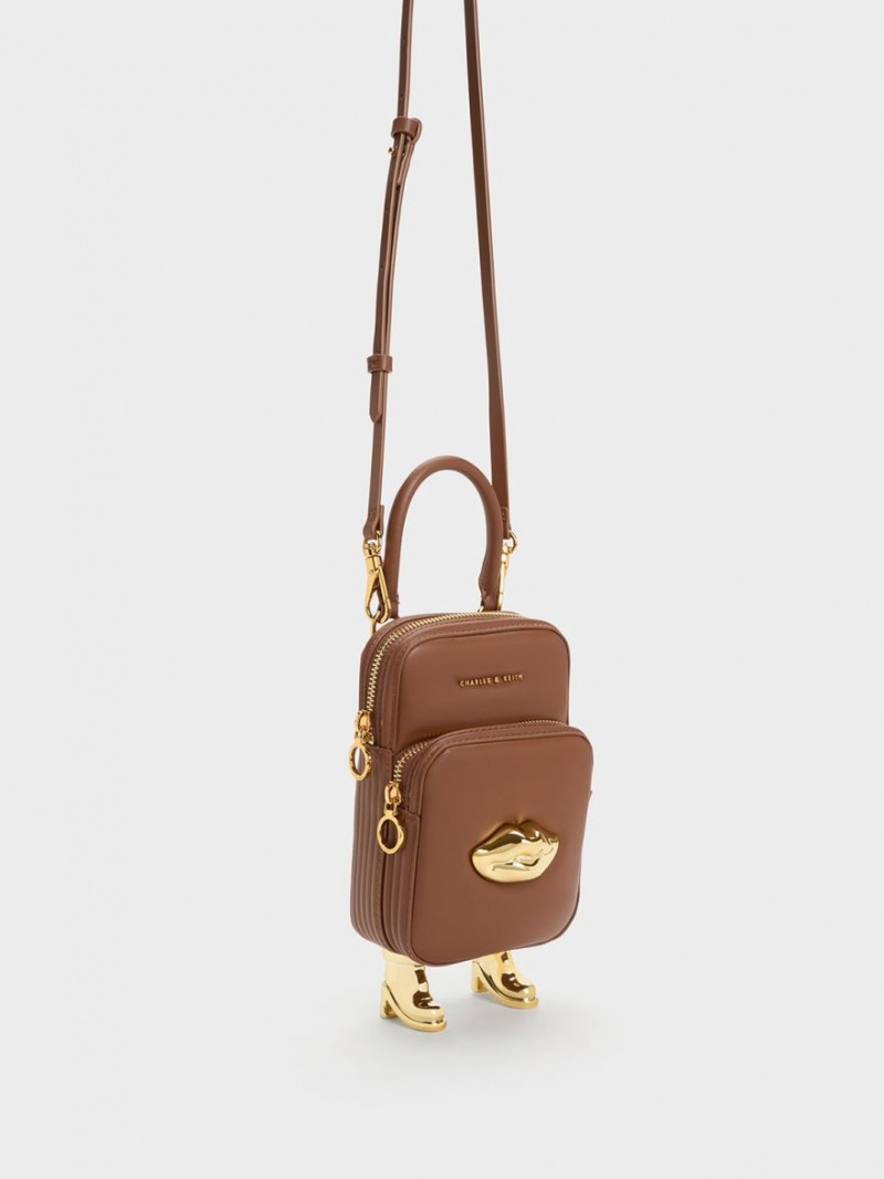 τσάντεσ χιαστί Charles And Keith Calliope Double Pocket καφε | 59021-LMNY