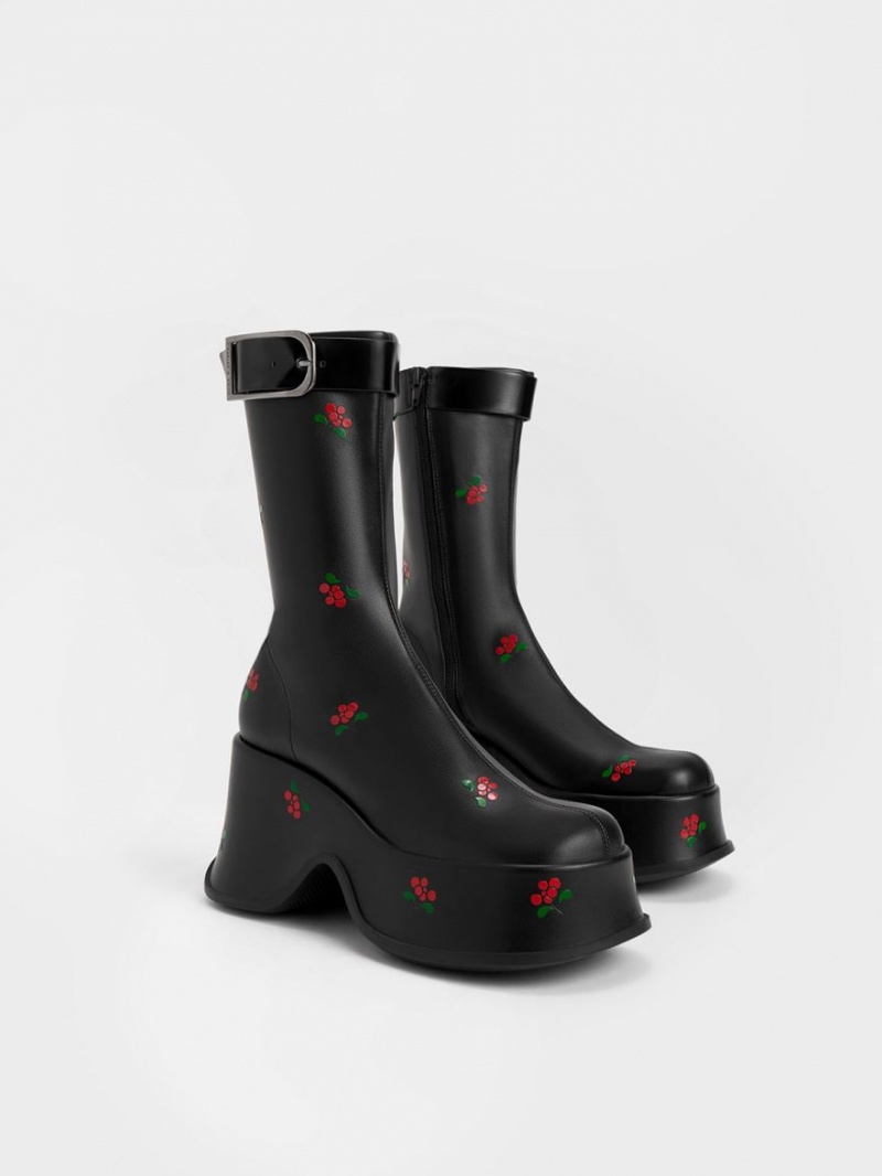 μποτα πλατφορμα Charles And Keith Carlisle Floral μαυρα | 95014-PBXU