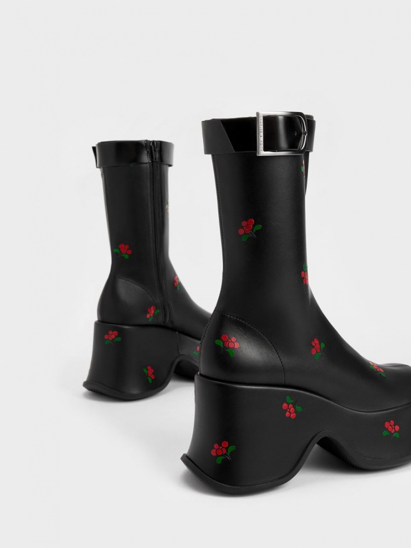 μποτα πλατφορμα Charles And Keith Carlisle Floral μαυρα | 95014-PBXU
