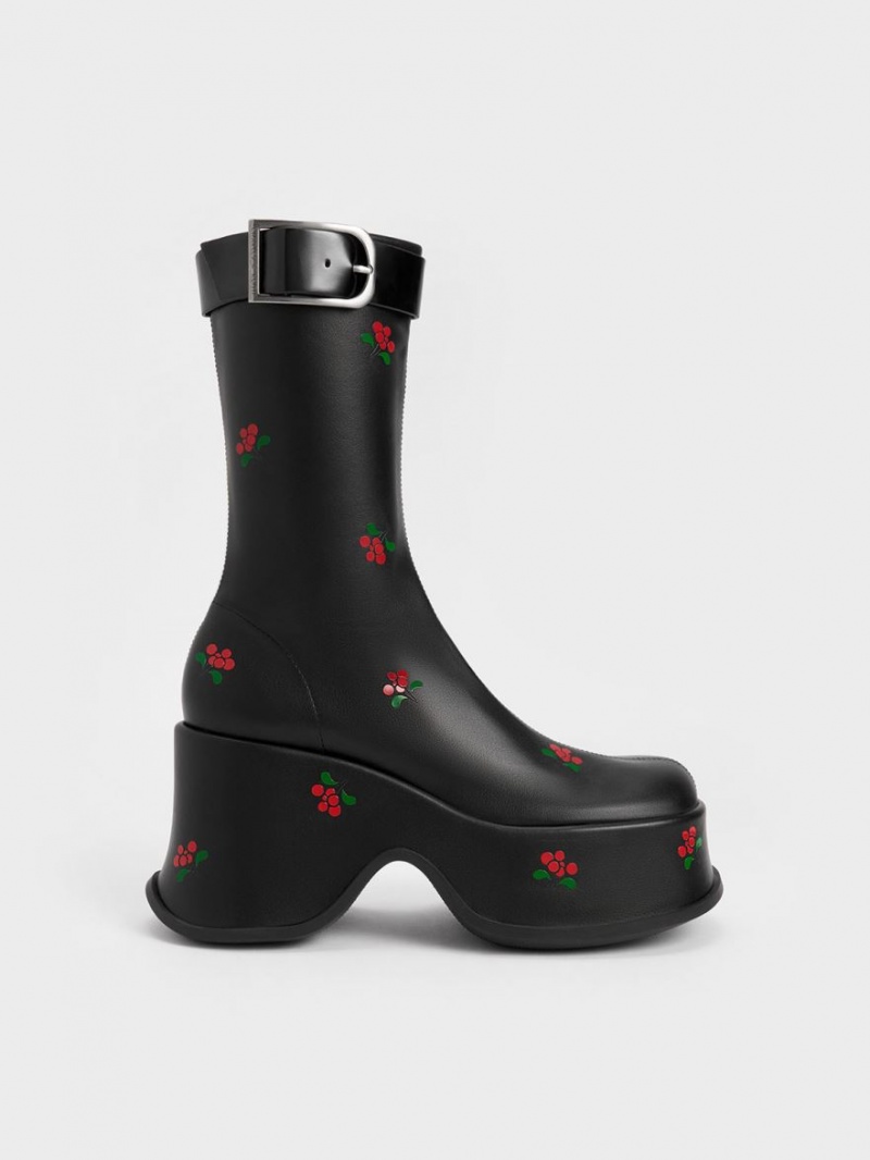 μποτα πλατφορμα Charles And Keith Carlisle Floral μαυρα | 95014-PBXU