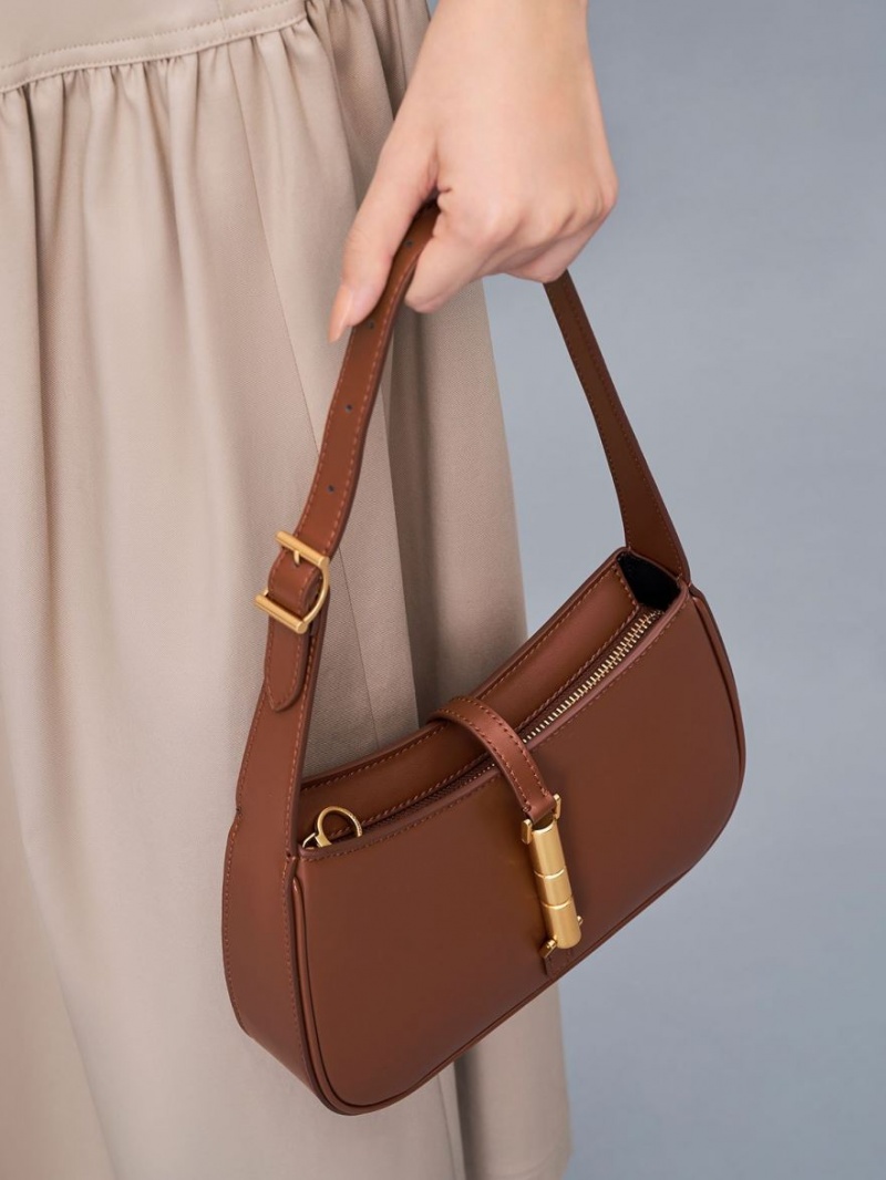 τσάντεσ ώμου Charles And Keith Cesia Metallic Accent καφε | 78630-DXZQ