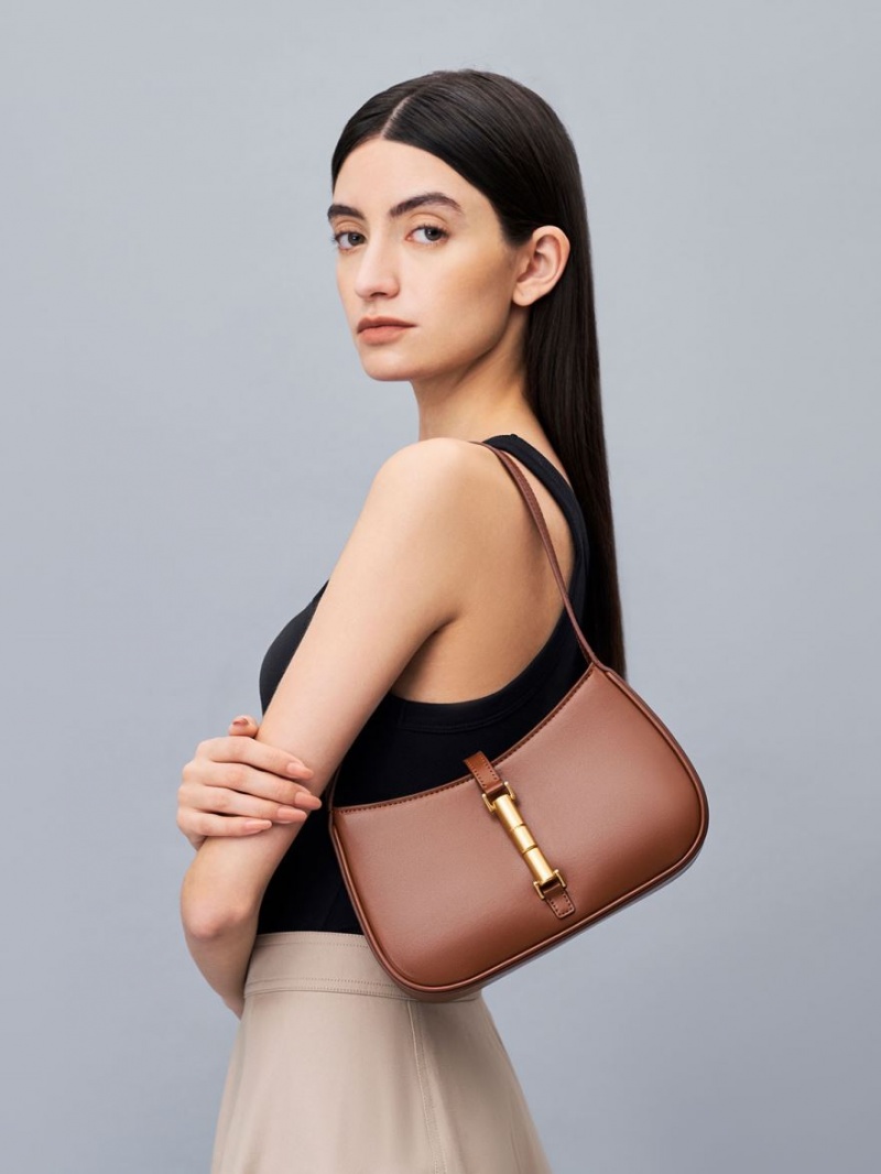 τσάντεσ ώμου Charles And Keith Cesia Metallic Accent καφε | 78630-DXZQ