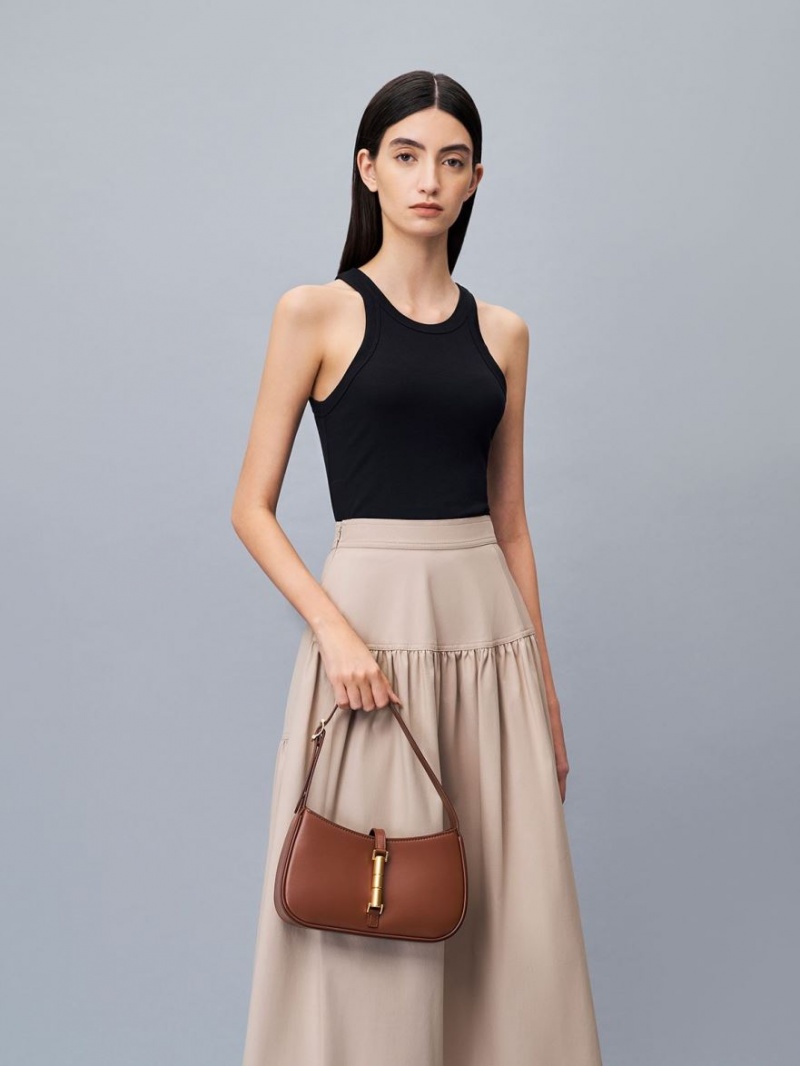 τσάντεσ ώμου Charles And Keith Cesia Metallic Accent καφε | 78630-DXZQ