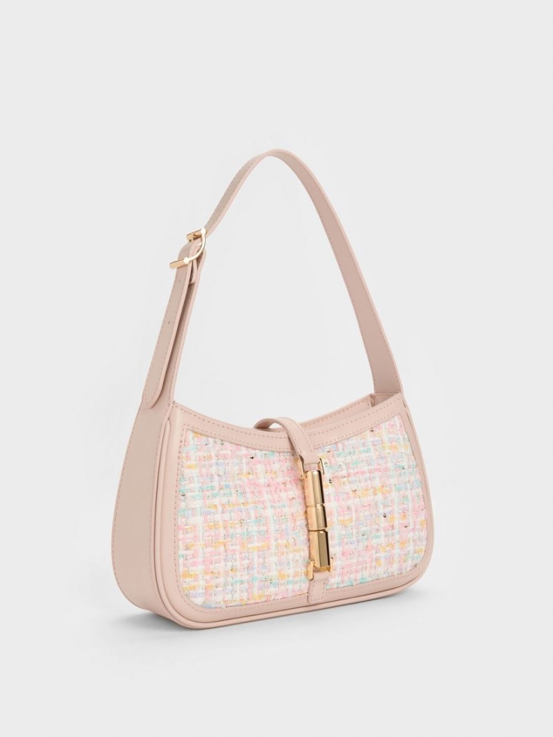 τσάντεσ ώμου Charles And Keith Cesia Metallic Accent Tweed ροζ | 16548-XZHF