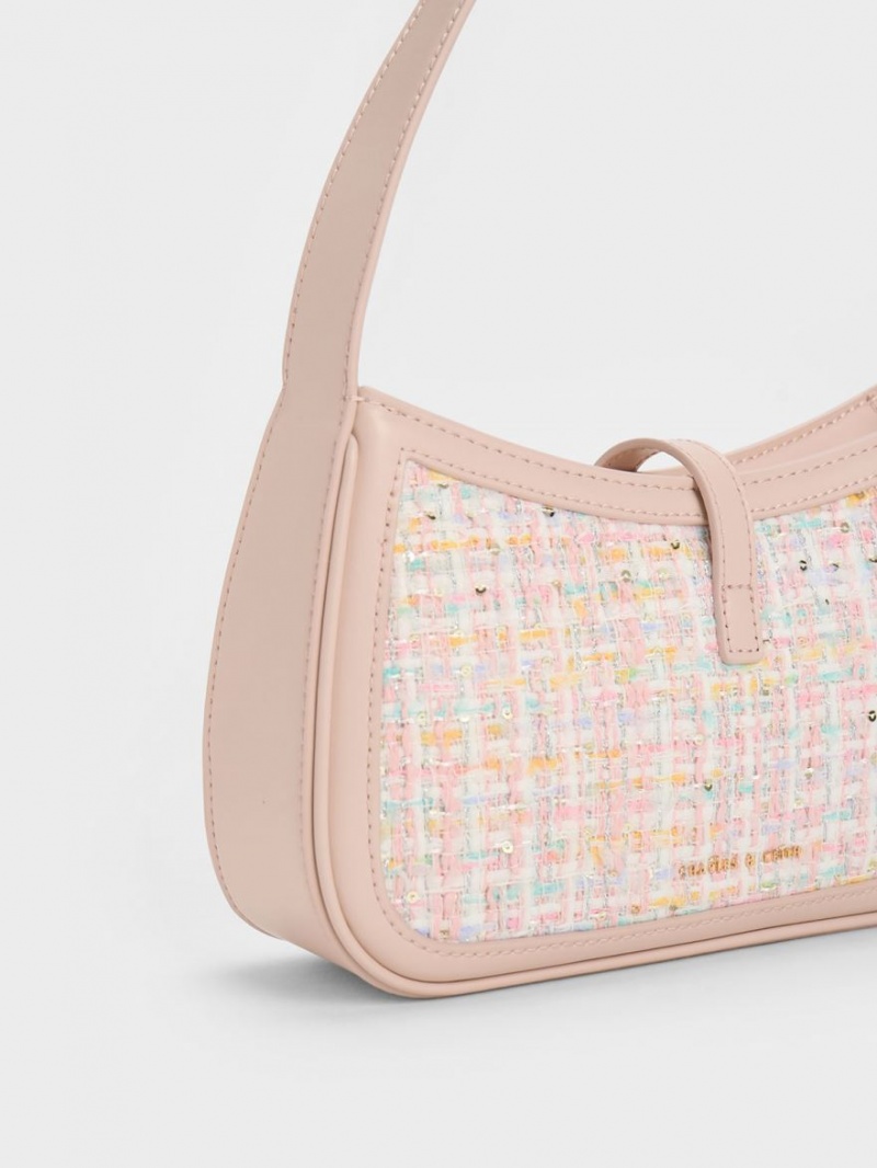 τσάντεσ ώμου Charles And Keith Cesia Metallic Accent Tweed ροζ | 16548-XZHF