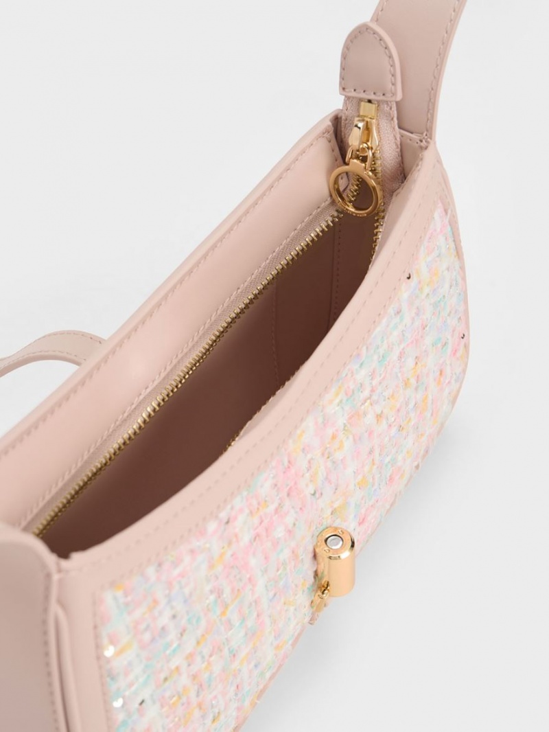 τσάντεσ ώμου Charles And Keith Cesia Metallic Accent Tweed ροζ | 16548-XZHF
