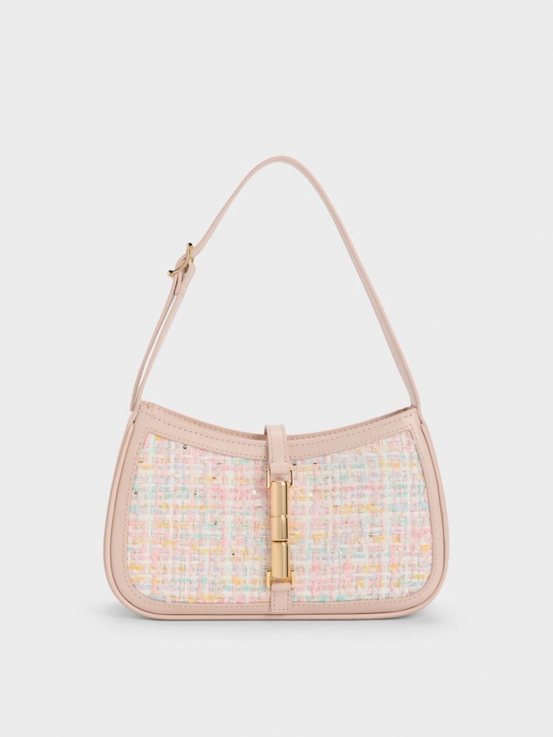 τσάντεσ ώμου Charles And Keith Cesia Metallic Accent Tweed ροζ | 16548-XZHF