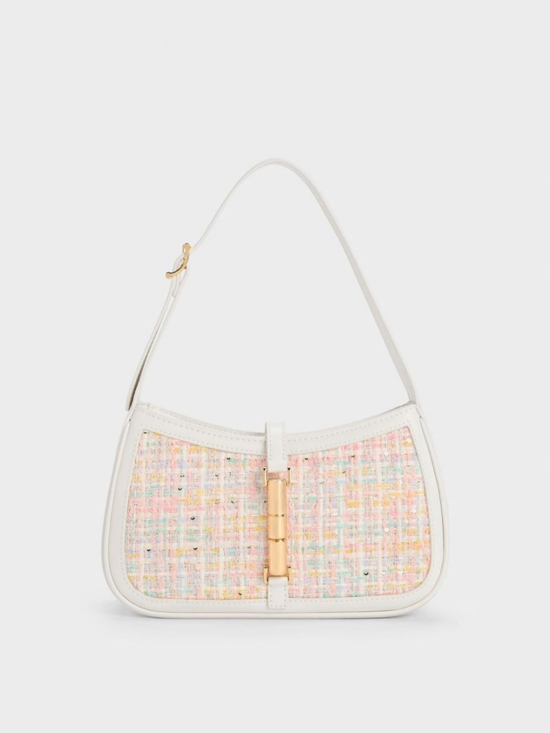 τσάντεσ ώμου Charles And Keith Cesia Metallic Accent Tweed ροζ | 42985-INXG