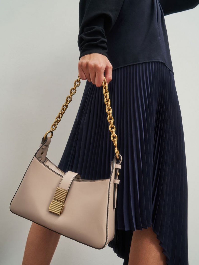 τσάντεσ ώμου Charles And Keith Chain Handle Μπεζ | 05487-XUZR