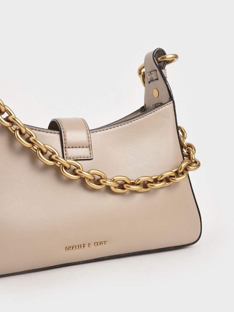 τσάντεσ ώμου Charles And Keith Chain Handle Μπεζ | 05487-XUZR