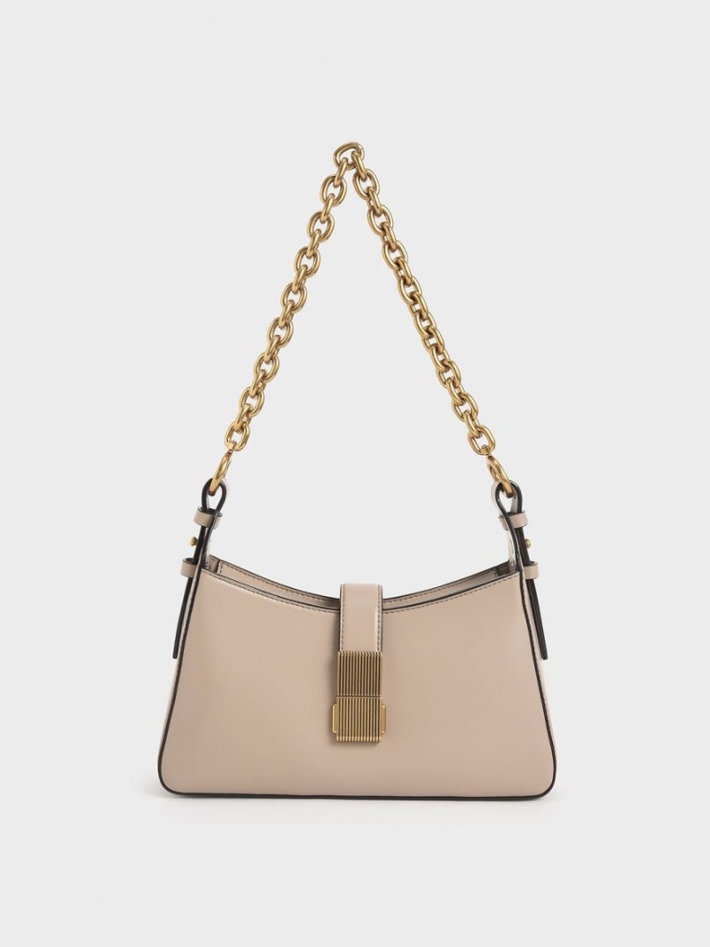 τσάντεσ ώμου Charles And Keith Chain Handle Μπεζ | 05487-XUZR