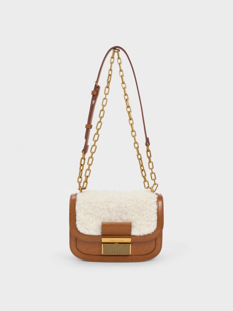 τσάντεσ ώμου Charles And Keith Charlot Furry Chain λουρακια καφε | 16024-TRMY