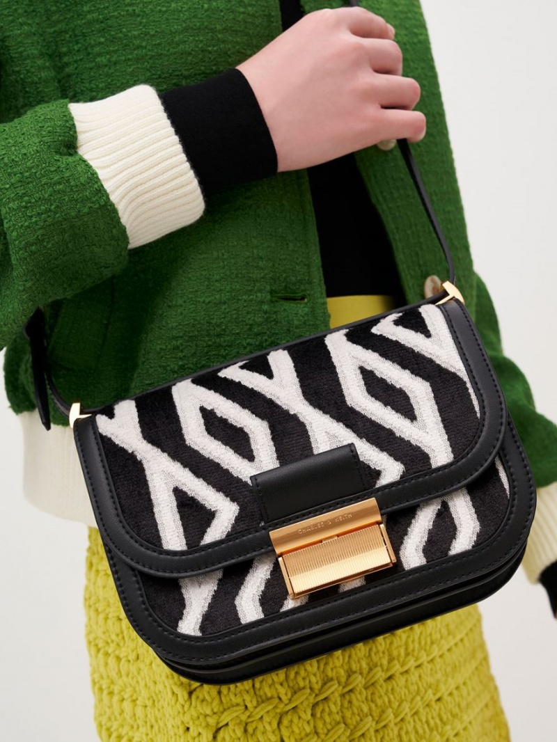 τσάντεσ ώμου Charles And Keith Charlot Jacquard Printed μαυρα | 70156-CVOD