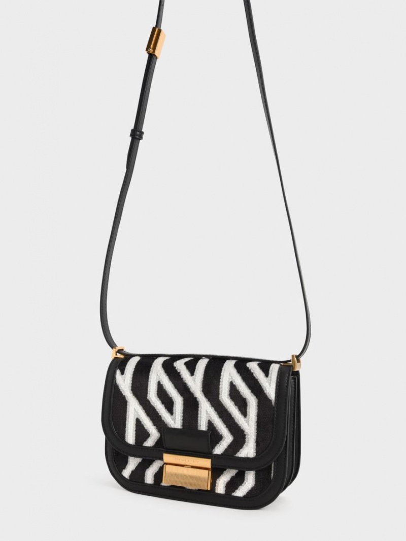 τσάντεσ ώμου Charles And Keith Charlot Jacquard Printed μαυρα | 70156-CVOD
