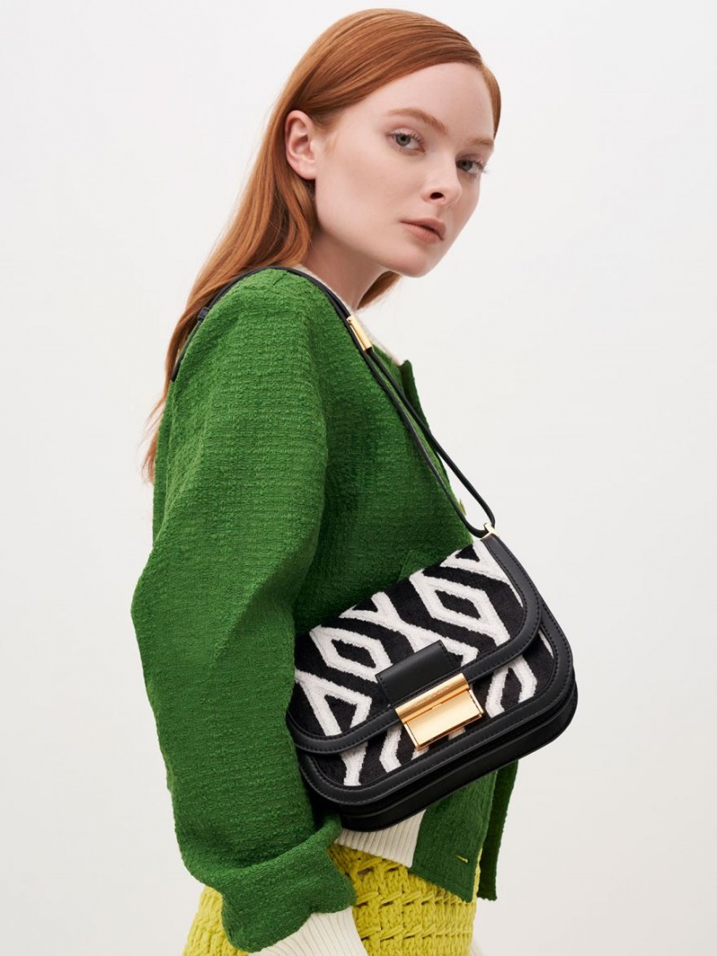τσάντεσ ώμου Charles And Keith Charlot Jacquard Printed μαυρα | 70156-CVOD