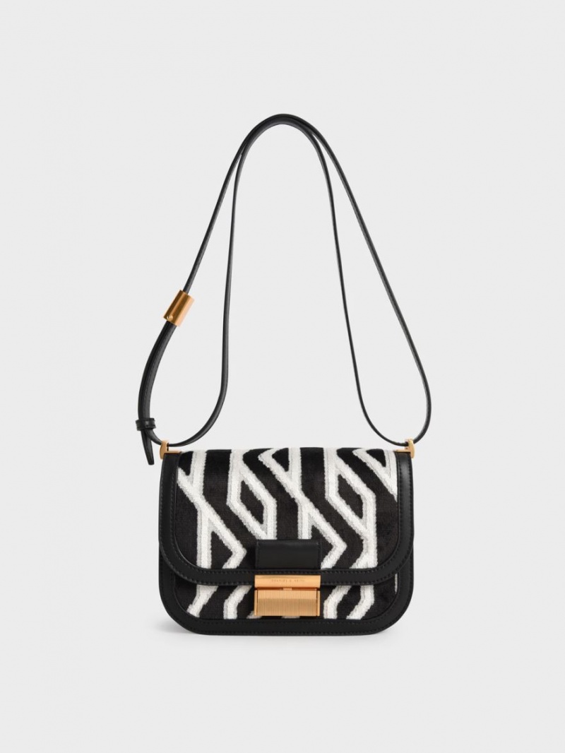 τσάντεσ ώμου Charles And Keith Charlot Jacquard Printed μαυρα | 70156-CVOD