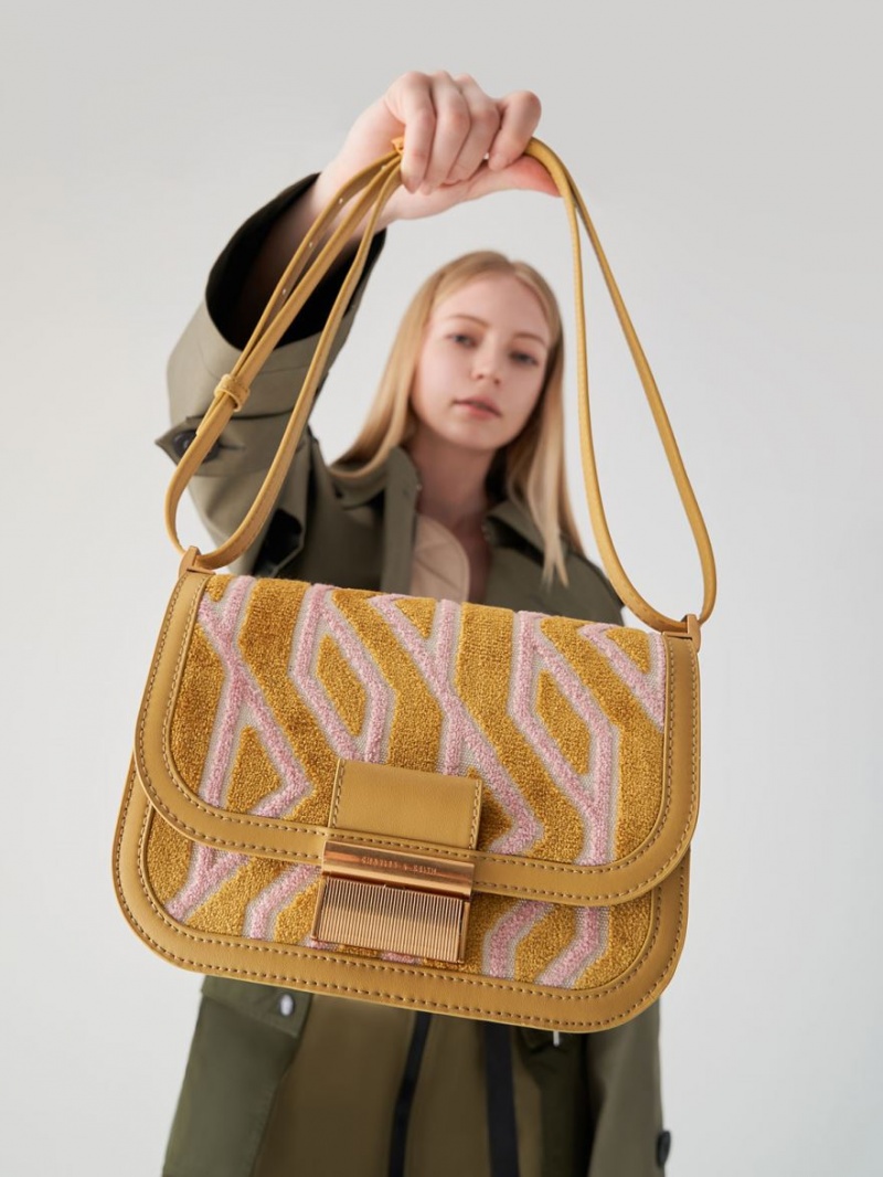 τσάντεσ ώμου Charles And Keith Charlot Jacquard Printed μουστάρδα | 56137-OEHA
