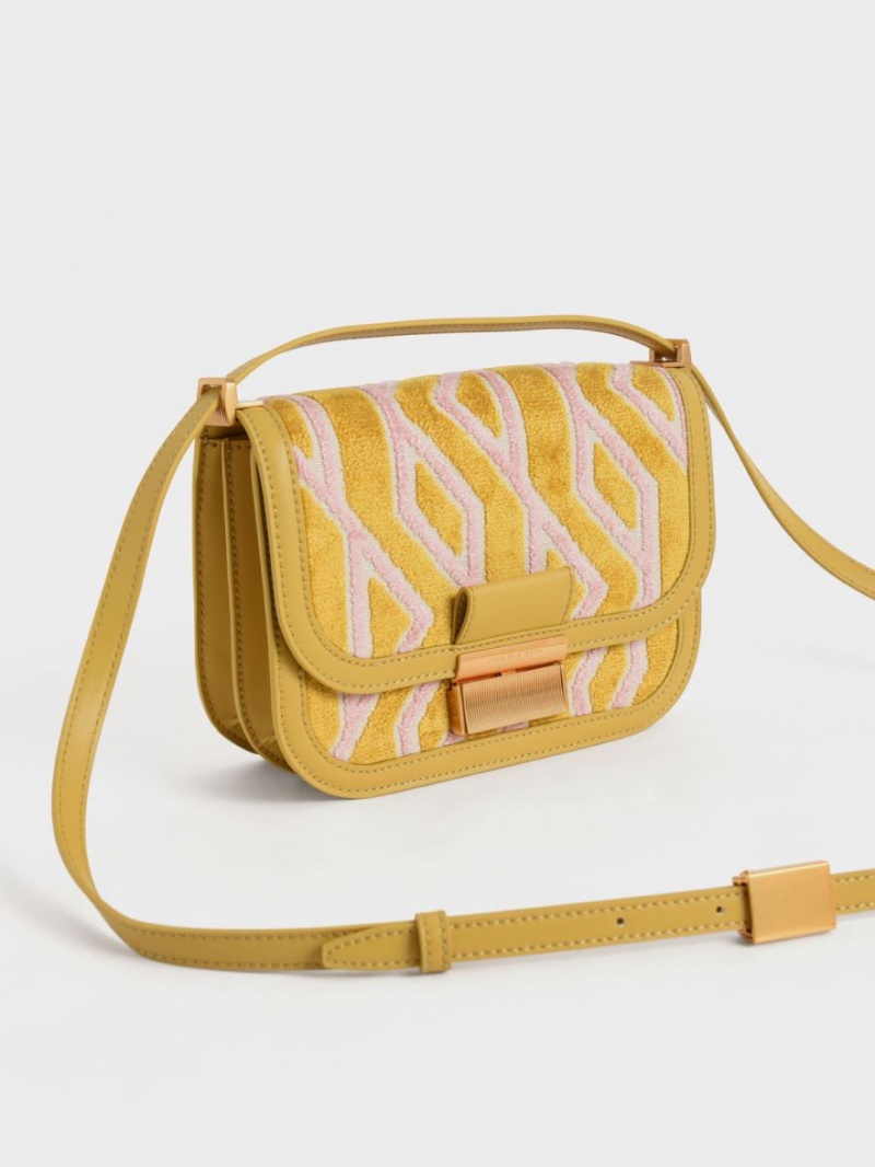 τσάντεσ ώμου Charles And Keith Charlot Jacquard Printed μουστάρδα | 56137-OEHA