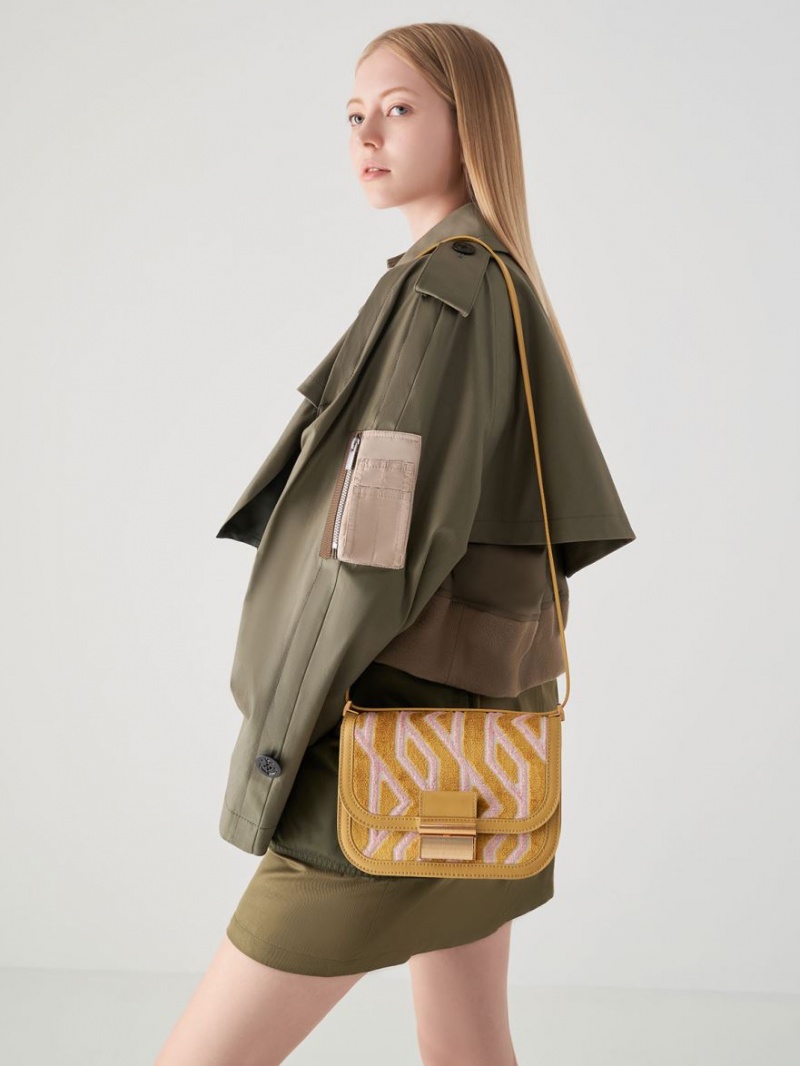 τσάντεσ ώμου Charles And Keith Charlot Jacquard Printed μουστάρδα | 56137-OEHA