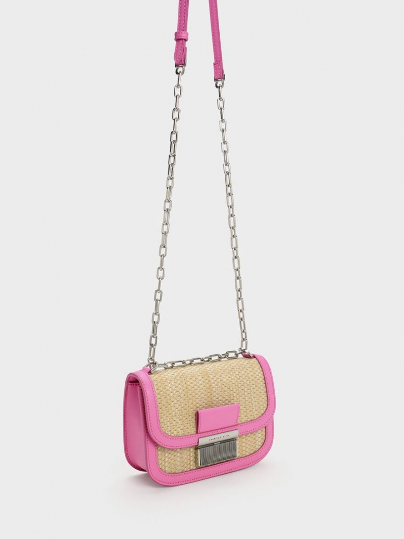τσάντεσ ώμου Charles And Keith Charlot Raffia Chain λουρακια ροζ | 04156-RELH