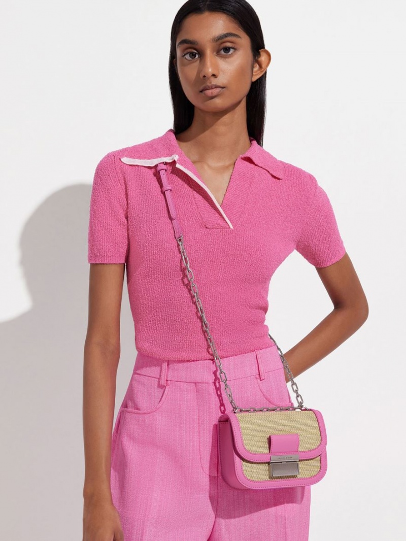 τσάντεσ ώμου Charles And Keith Charlot Raffia Chain λουρακια ροζ | 04156-RELH