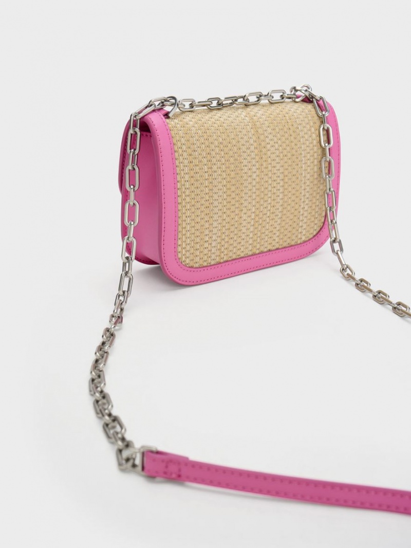 τσάντεσ ώμου Charles And Keith Charlot Raffia Chain λουρακια ροζ | 04156-RELH