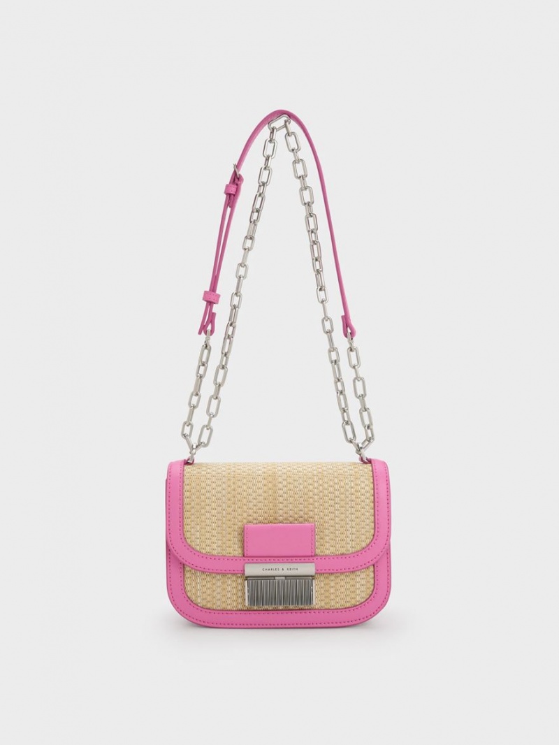τσάντεσ ώμου Charles And Keith Charlot Raffia Chain λουρακια ροζ | 04156-RELH