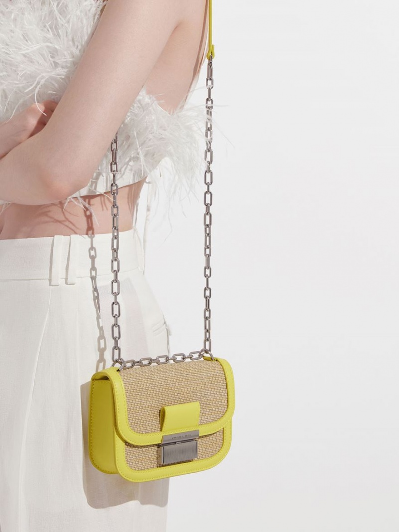 τσάντεσ ώμου Charles And Keith Charlot Raffia Chain λουρακια κίτρινα | 25789-RUAV