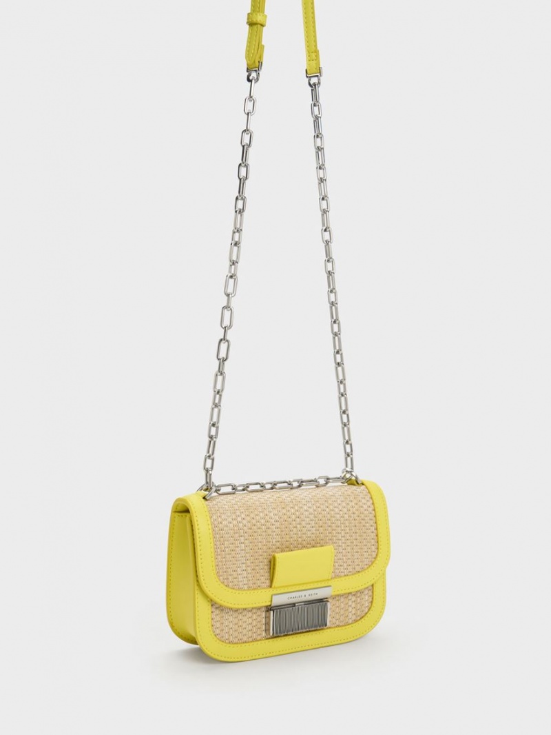 τσάντεσ ώμου Charles And Keith Charlot Raffia Chain λουρακια κίτρινα | 25789-RUAV