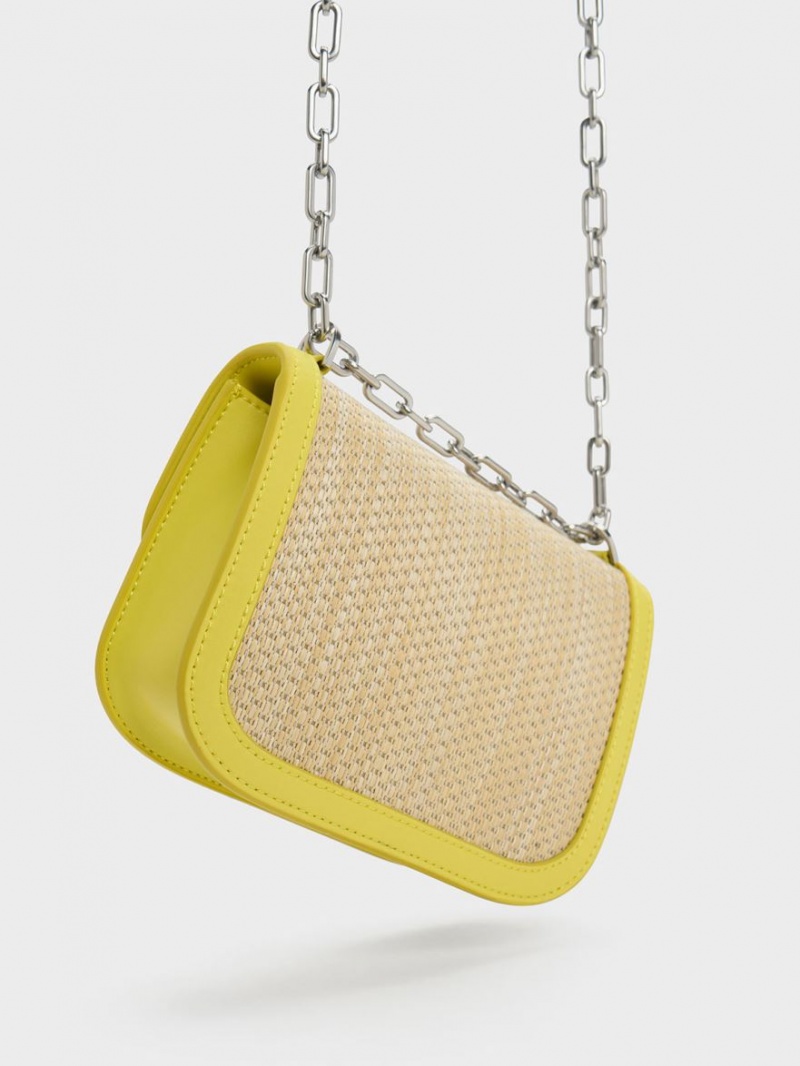 τσάντεσ ώμου Charles And Keith Charlot Raffia Chain λουρακια κίτρινα | 25789-RUAV