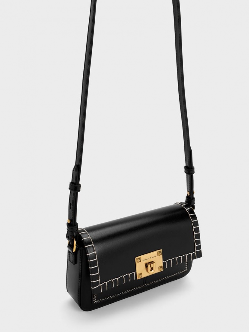 τσαντα χειροσ Charles And Keith Circe Stitch-Trim Top μαυρα | 12803-WMYJ