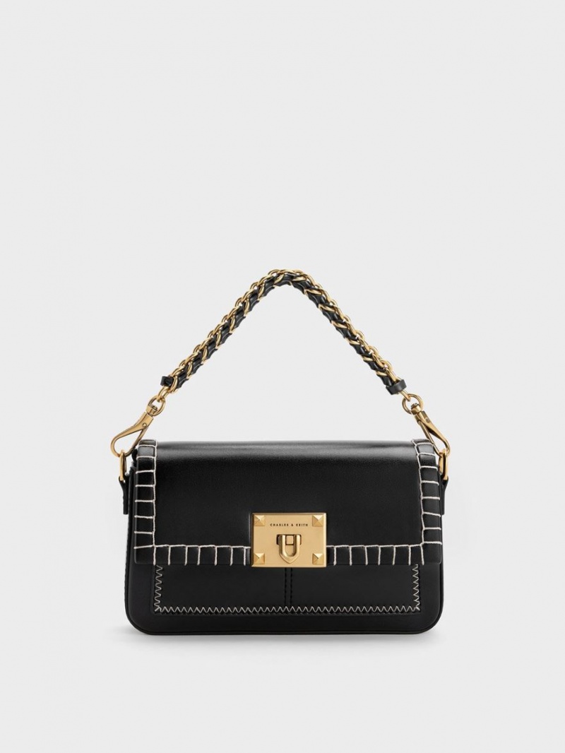 τσαντα χειροσ Charles And Keith Circe Stitch-Trim Top μαυρα | 12803-WMYJ