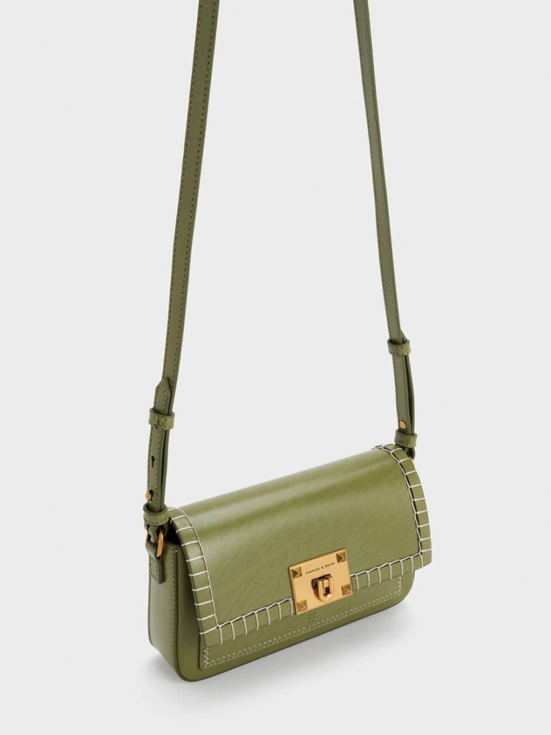τσαντα χειροσ Charles And Keith Circe Stitch-Trim Top Ελιά | 94063-VTAW