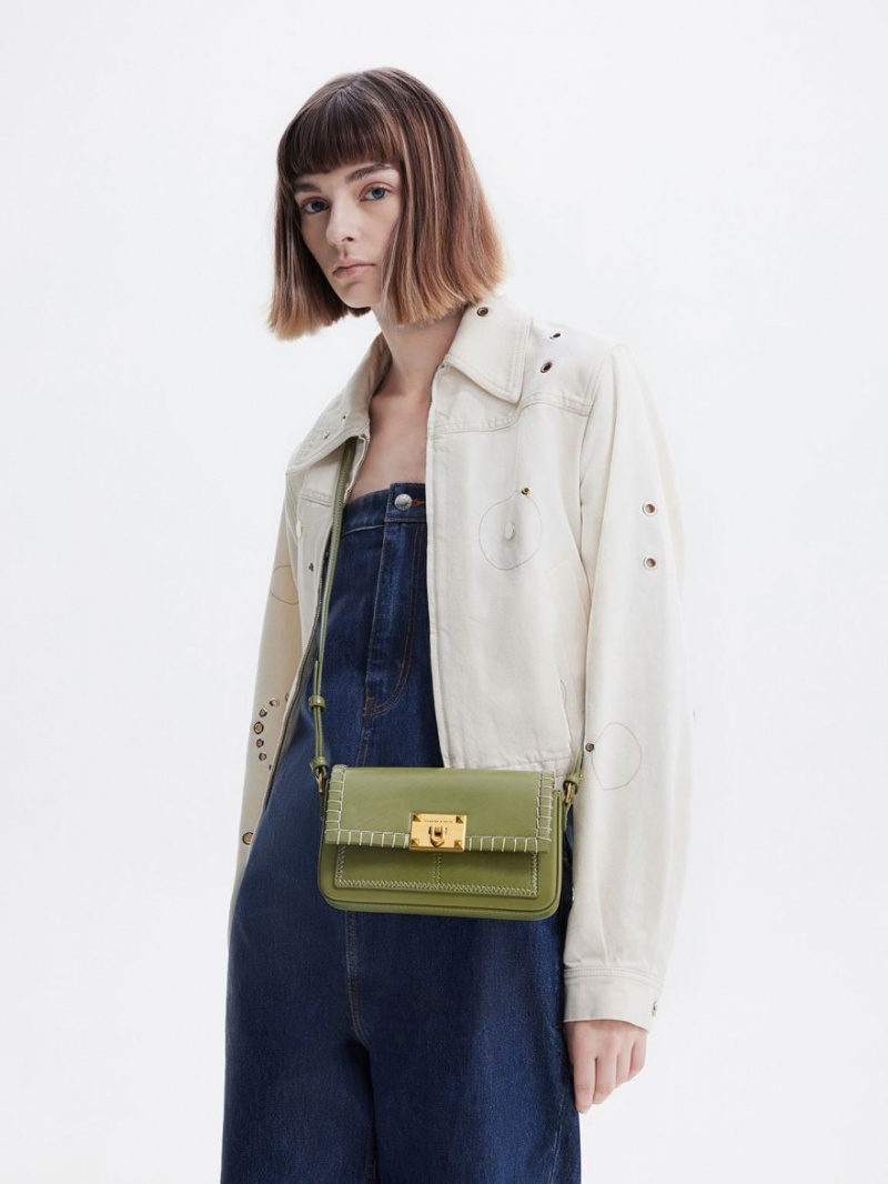 τσαντα χειροσ Charles And Keith Circe Stitch-Trim Top Ελιά | 94063-VTAW