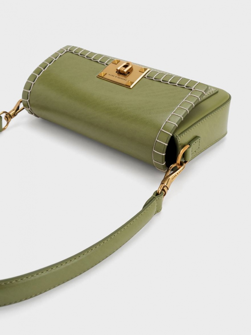 τσαντα χειροσ Charles And Keith Circe Stitch-Trim Top Ελιά | 94063-VTAW