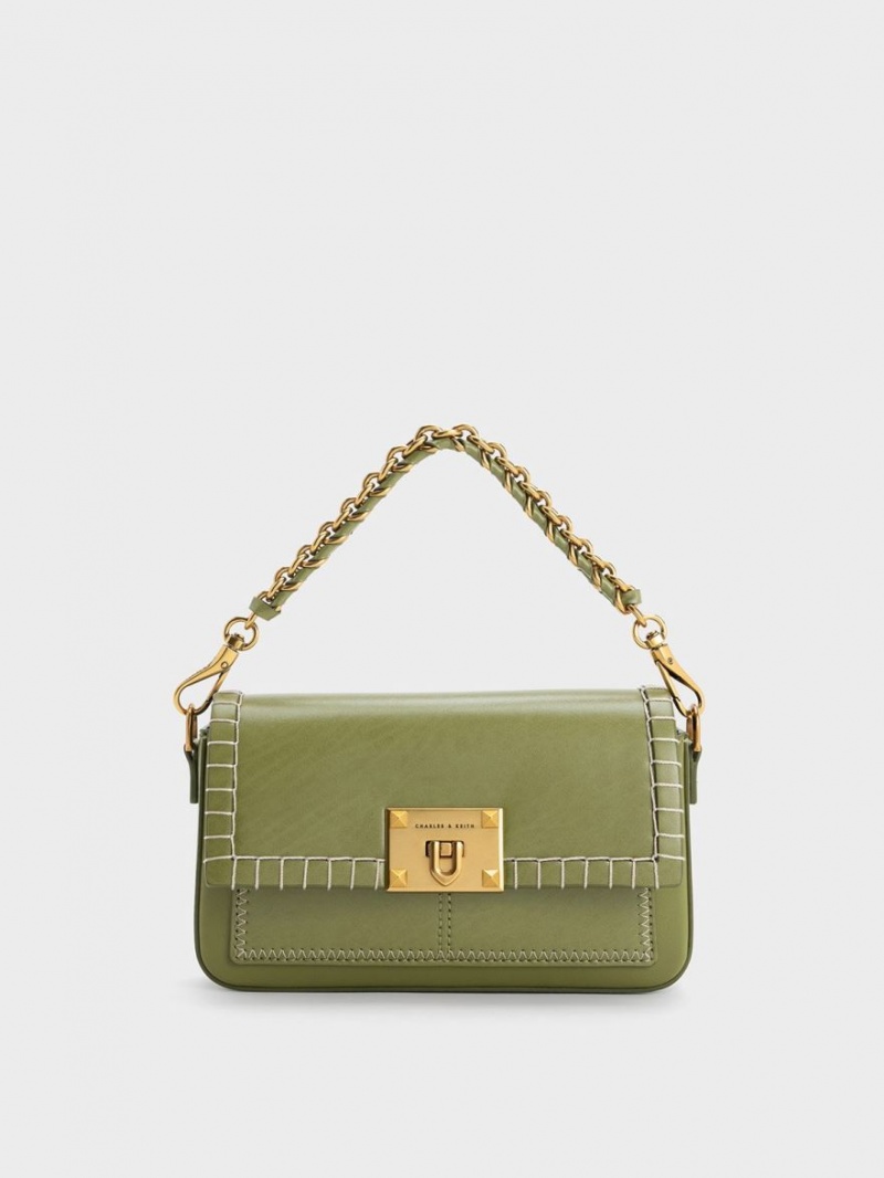 τσαντα χειροσ Charles And Keith Circe Stitch-Trim Top Ελιά | 94063-VTAW