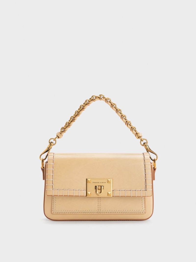 τσαντα χειροσ Charles And Keith Circe Stitch-Trim Top Μπεζ | 85264-ZMHS