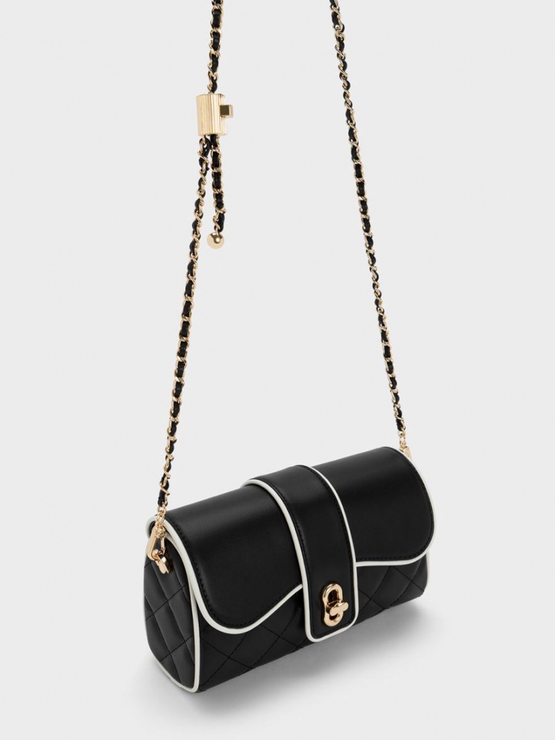 τσάντεσ χιαστί Charles And Keith Contrast-Trim Belted μαυρα | 67203-DSIA