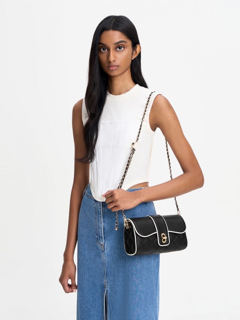 τσάντεσ χιαστί Charles And Keith Contrast-Trim Belted μαυρα | 67203-DSIA
