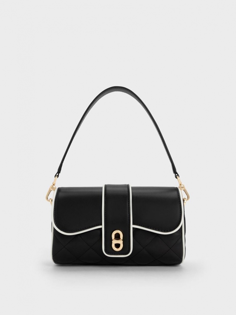 τσάντεσ χιαστί Charles And Keith Contrast-Trim Belted μαυρα | 67203-DSIA