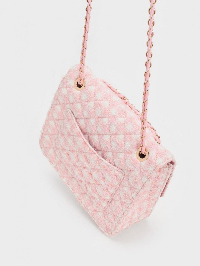 τσάντεσ ώμου Charles And Keith Cressida Tweed Chain λουρακια ροζ | 91748-XCJB