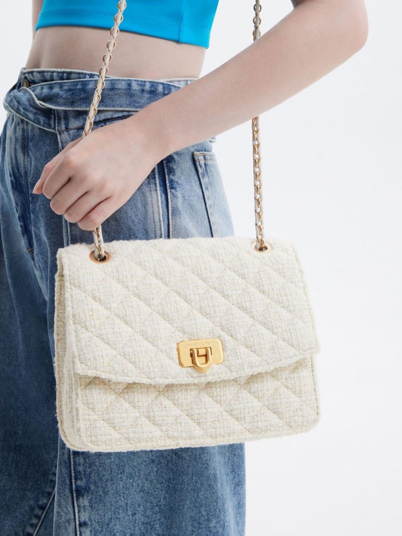 τσάντεσ ώμου Charles And Keith Cressida Tweed Chain λουρακια ασπρα | 94021-HXBJ