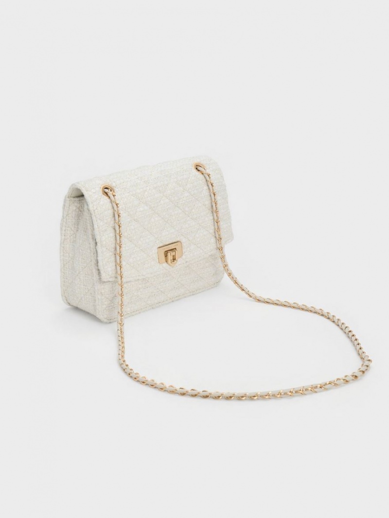 τσάντεσ ώμου Charles And Keith Cressida Tweed Chain λουρακια ασπρα | 94021-HXBJ