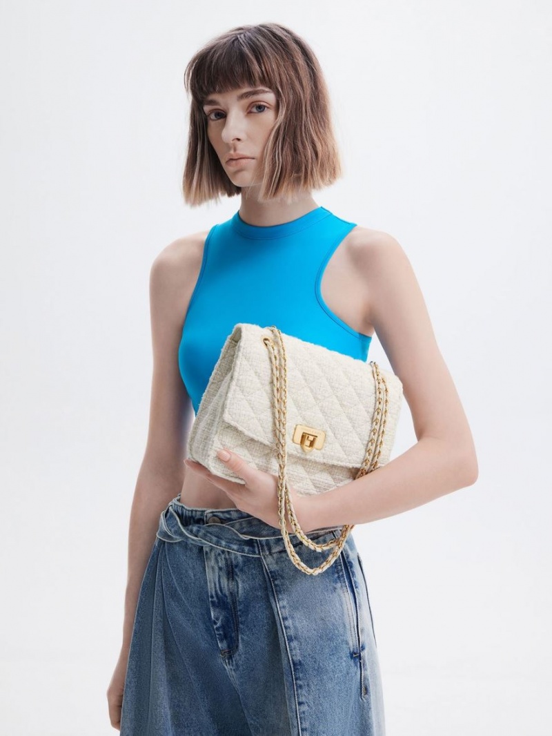 τσάντεσ ώμου Charles And Keith Cressida Tweed Chain λουρακια ασπρα | 94021-HXBJ