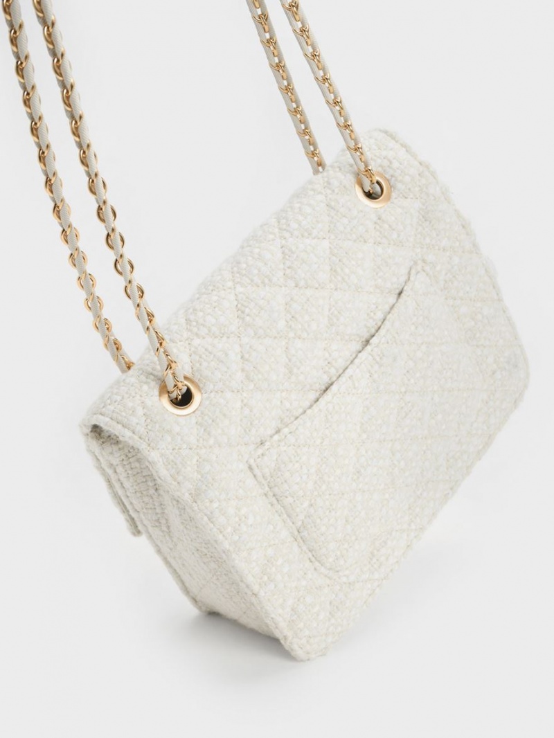 τσάντεσ ώμου Charles And Keith Cressida Tweed Chain λουρακια ασπρα | 94021-HXBJ